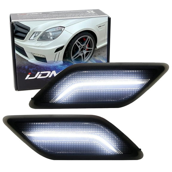 Smoked Lens White Full LED Strip Front Bumper Side Marker Lights For 2010-2013 Mercedes W212 Pre-LCI E-Class E350 E550 E63 4Dr, Powered by SMD LED, Replace OEM Amber Sidemarkers