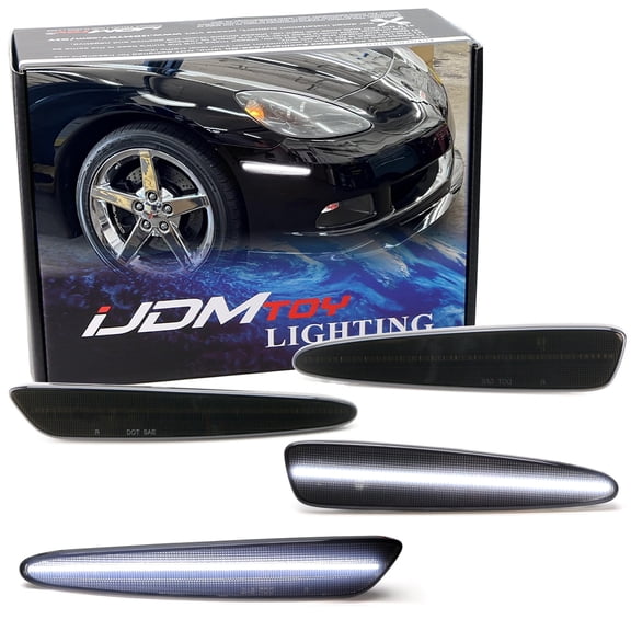 Smoked Lens All White Full LED Strip Front & Rear Side Marker Light Kit For 2005-2013 Chevy Corvette C6, Powered by 192-SMD LED, Replace OEM Sidemarker Lamps