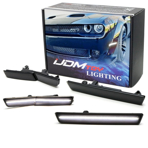 Smoked Lens Xenon White Front/Rear LED Side Marker Light Kit For 2015-23 Dodge Challenger SRT Hellcat Widebody ONLY, Powered by Total 180-SMD LED, Replace OEM Sidemarker Lamps