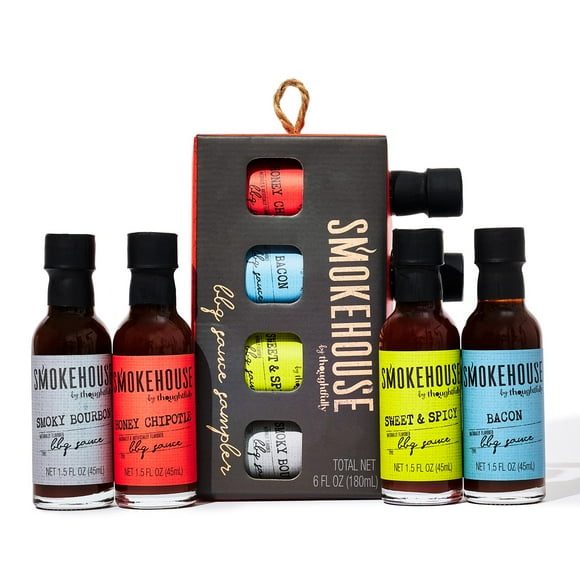 Smokehouse by Thoughtfully, Gourmet DEF29 BBQ Sauce Sampler Set, Vegan and Vegetarian, Flavors Include Honey Chipotle, Smoky Bourbon, Sweet and Spicy, and Bacon BBQ Sauce, Pack of 4