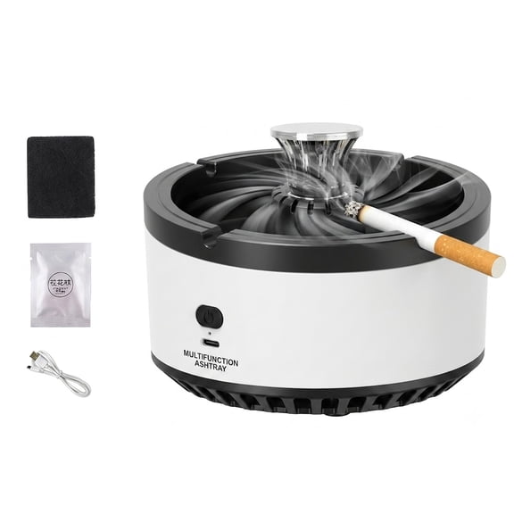 Smokeless Ashtray with Filter for Home Indoor Car Office, Air Purifying Ashtray for Smokers, Tap to Activate Odor Eliminator Smoke Grabber, 6 Carbon Filters 6 Tablets,White