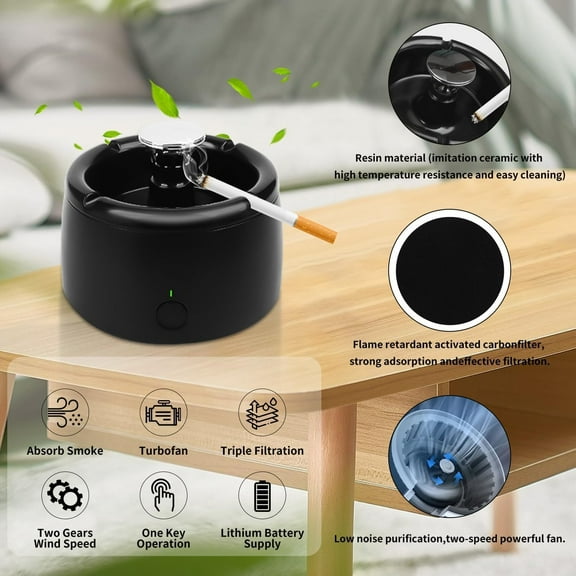 Smokeless Ashtray for Indoor and Outdoor Use - Clean Air Smoke Remover (Black)