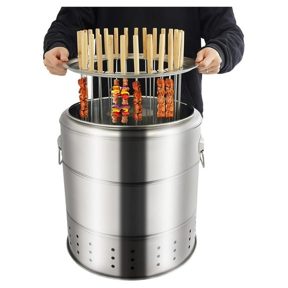 Smokeless Barbecue Grill With 28 Skewers, Stainless Steel Indoor Charcoal BBQ Stove Charcoal Braised Grill Large Capacity Portable 360 All Round Roasting Oven W/Handle Silver