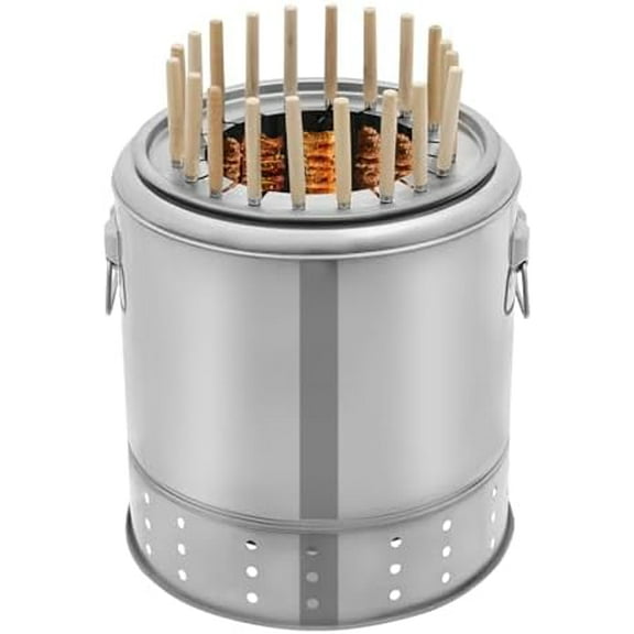 Smokeless Barbecue Surround Charcoal Grill, Stainless Steel Hanging Grill, Portable Smokeless BBQ Charcoal Grill, Barrel Shape Grill with 20 Skewers, 13in(D)*15in(H)$$Garden & Patio