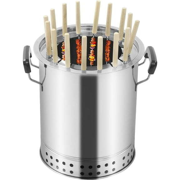 Smokeless Charcoal Hanging Grill, Stainless Steel Mini Kebob Grill with 16 Skewers, Portable Surround Charcoal kebab Grill for Home Party Outdoor Camping