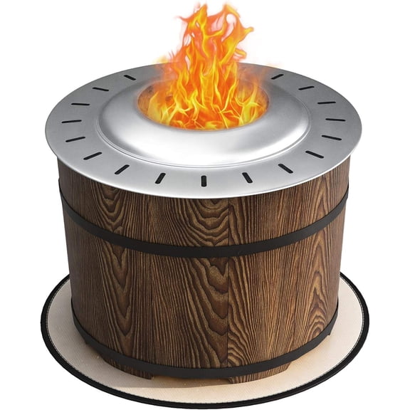 Smokeless Fire Pit with Fireproof Mat, 20" Barrel Style Portable Wood Burning Firepit, Magnesium Oxide Low Smoke Camping Bonfire Stove for Backyard, Patio, Picnic, Brown