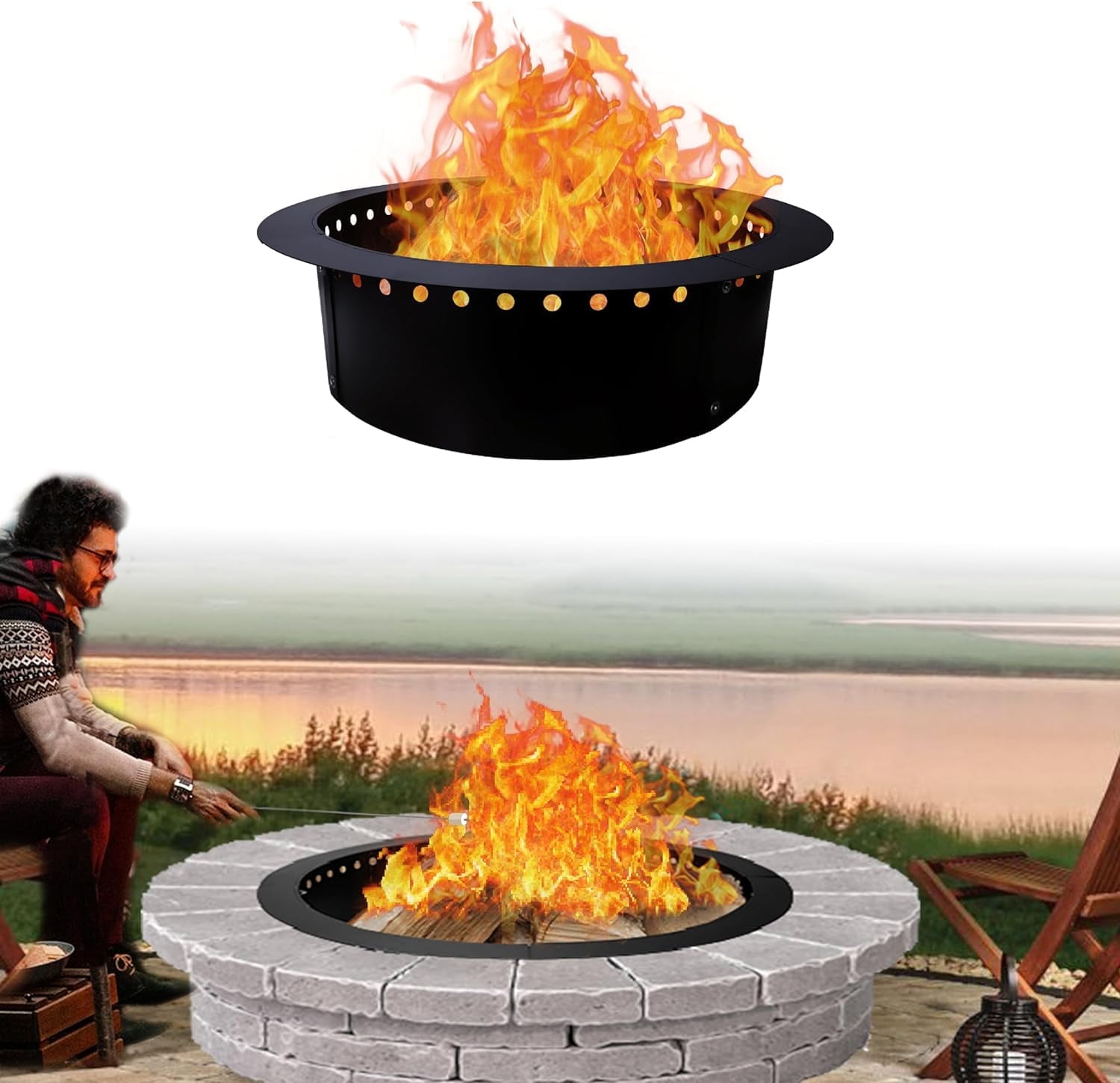 Black Steel 36" Smokeless Fire Pit Ring with Ventilation Holes