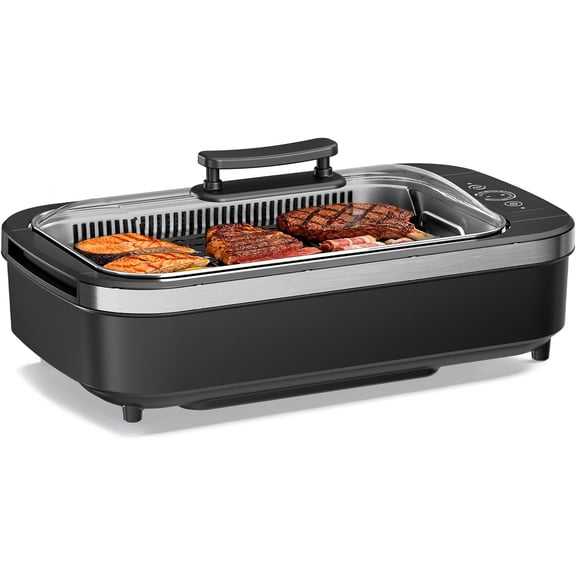 Smokeless Indoor Grill,1500W Electric BBQ Grill with Smoke Extractor and Tempered Glass Lid,Removable Grill and Nonstick Grill Plates with Drip Tray,Temperature Control,Dishwasher Safe - Black
