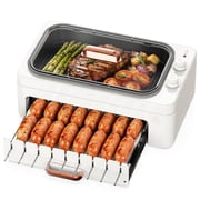 Smokeless Indoor Grill with Removable Pan, Auto Skewers, Hot Dog Roller, Dual Zone & Lid