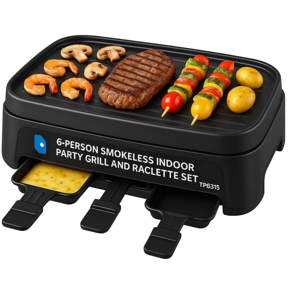 Smokeless Indoor Party Grill and Raclette for 6 People | Non-Stick Plate | Perfect for Entertaining, BBQ, and Family Gatherings | Easy-Clean Electric Grill Over 1 LB TPG315