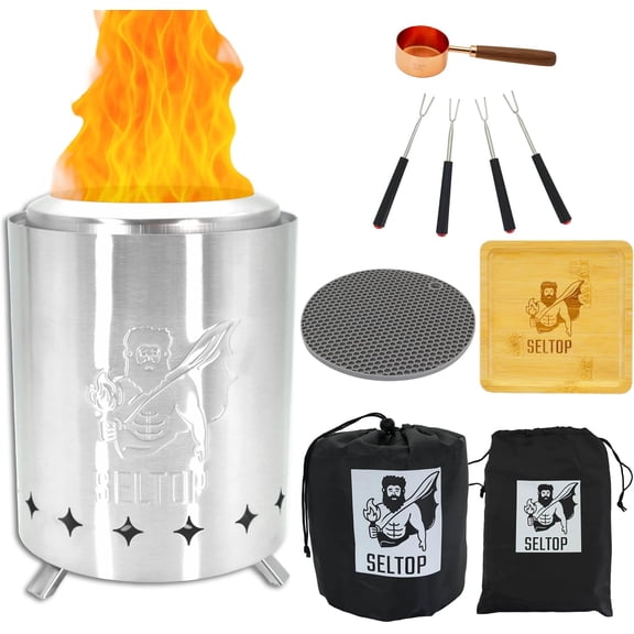 Smokeless Tabletop Fire Pit 8.4 x 5.9 in, Stainless Steel Low Smoke Camping Stove for Patio & Outdoor, Fueled by Pellets & Wood, Portable Mini Firepit with Travel Bag, 4 Sticks & BBQ Grill