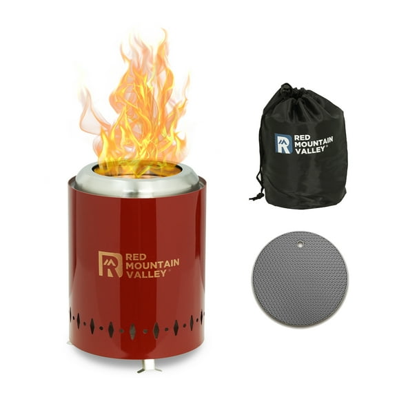 Smokeless Tabletop Fire Pit with Mat, Portable Mini Low Smoke Camping Stove, with Travel Bag and Fireproof Mat, Stainless Steel Red, for Outdoor Enthusiasts