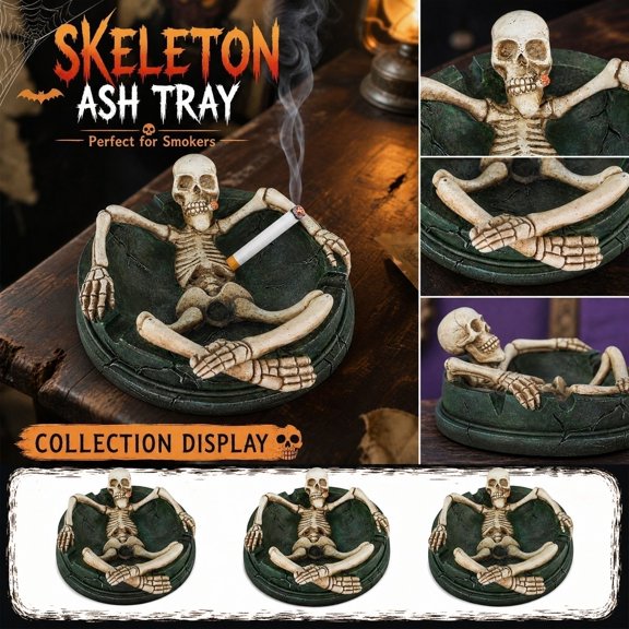 Smokers' Halloween Ashtray, Halloween Office Decorations, Skeleton Decorations, Gothic Home Decor, 4.5X5 Inch Crackled Dark Green Base Skeleton Desktop Halloween Decoration