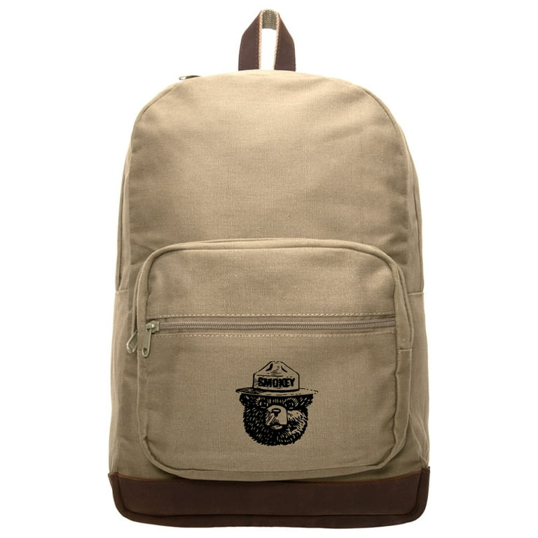 Smokey Bear Canvas Teardrop Backpack w Leather Bottom Straps Khaki Black Walmart