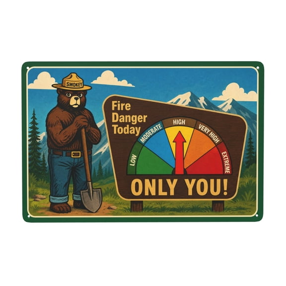 Smokey Bear Fire Danger Metal Sign 8X12 Inch - Rustic Wall Decor with Vintage Forest Theme for Indoor/Outdoor Use - Weather Resistant Finish and Easy Hanging Pre-Drilled Holes