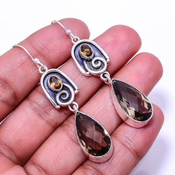 Smokey Designer 925 Sterling Silver Earring 2.34", Smoky Quartz Earring, Drop Dangle Earring, Brown Earring, Gift for her, Elegant Earring, Gemstone E