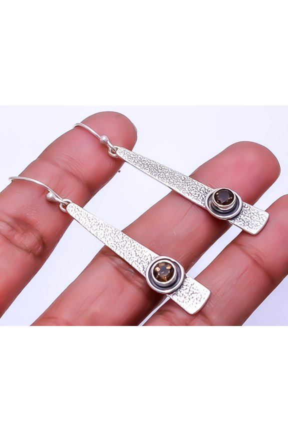 Smokey Designer Gemstone 925 Sterling Silver Handmade Earring 2.34" E935214023, Handmade Jewelry, Dangle Earring