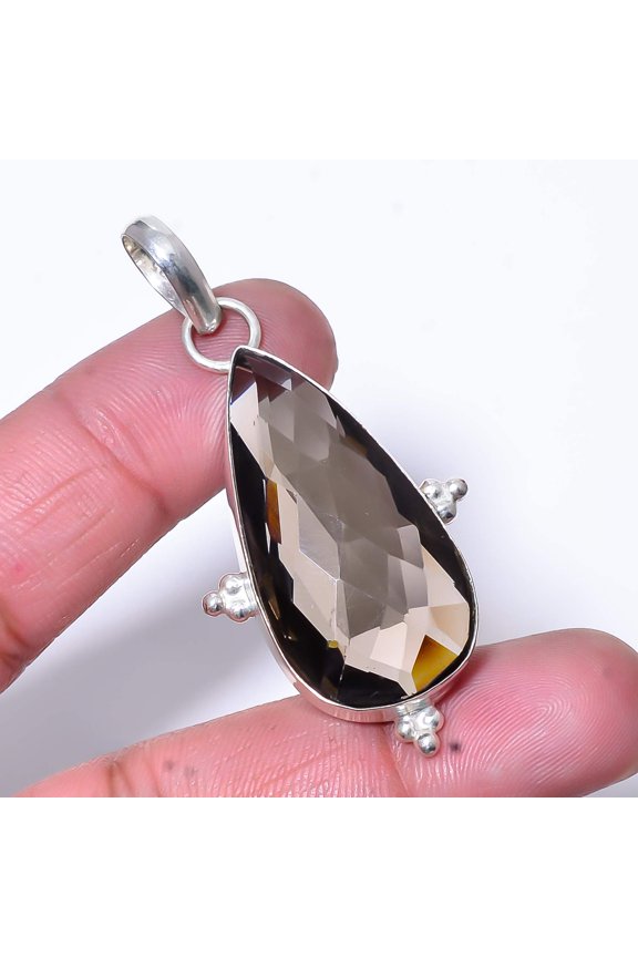 Smokey Gemstone 925 Sterling Silver Handmade Pendant 1.95" P358