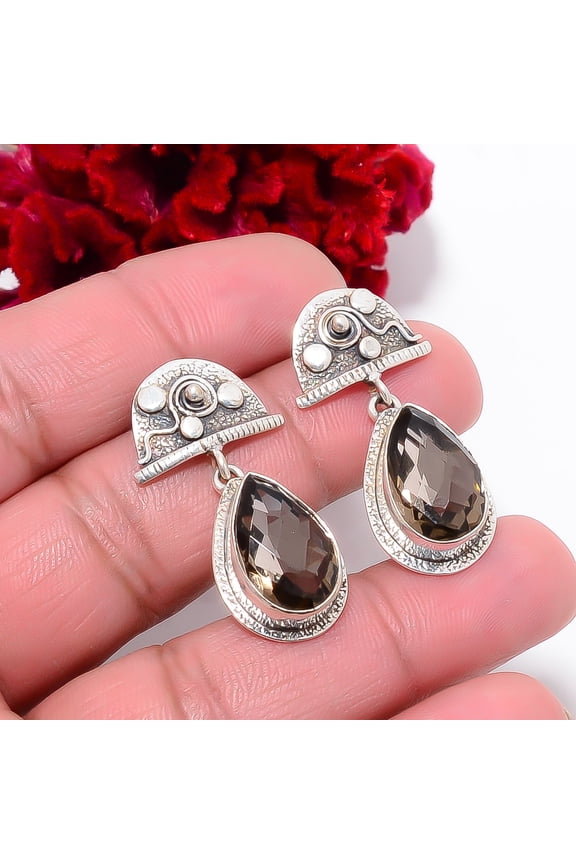 Smokey Gemstone Designer Handmade 925 Sterling Silver Earring 1.56" E99043, Christmas Gift