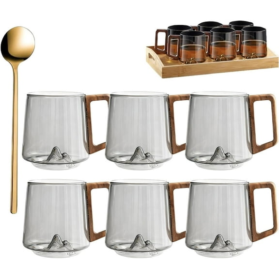 Smokey Gray Glass Coffee Cups with Wooden Handle - Creative Slanted Mountain Bottom Design, Borosilicate Heat Resistant Mugs for Coffee & Tea, 15 oz Capacity