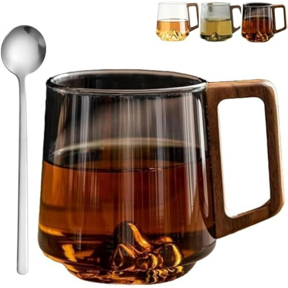Smokey Gray Glass Slanted Coffee Cups, Creative Mountain Bottom Wooden Handle Glass Cup, 450ML Heat Resistant Glass Mug, for Coffee Tea Wine (Smokey Gray*1)