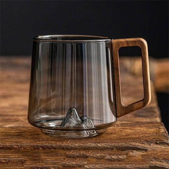 Smokey Gray Glass Slanted Coffee Cups With Wooden Handle, 450ml Clear Creative Mountain Bottom Cup for Latte, Cappuccino, Hot & Cold Drinks