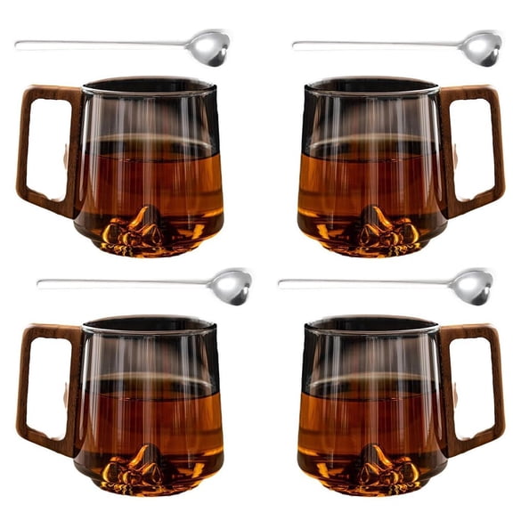 Smokey Gray Glass Slanted Coffee Cups With Wooden Handle, Borosilicate Glass Cup, Wooden Coffee Mug, Mountain View Whiskey Glass The Best Choice For Work, Leisure, And Gifts