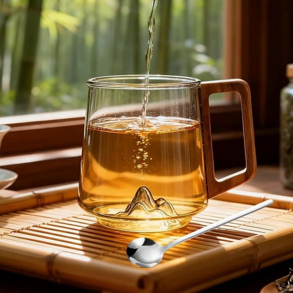 Smokey Gray Glass Slanted Coffee Cups with Wooden Handle, Creative Wonder Mountain Bottom Wood Handle Cup, 15.3oz Retro Clear Glass Coffee Mug, for Coffee& Tea Lovers, Hot & Cold Drinks