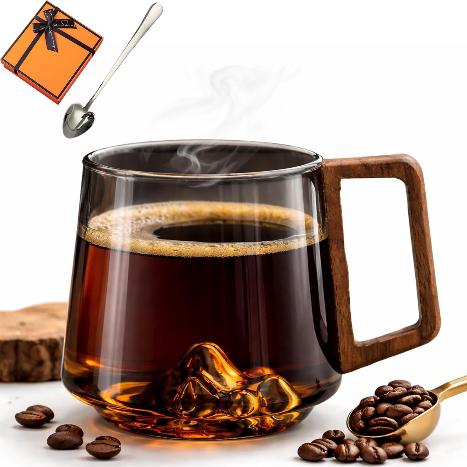 Smokey Gray Glass Slanted Coffee Cups with Wooden Handle, Mountain Base Artistic Mug, Borosilicate Heat Resistant Drinkware for Latte Espresso Tea, Elegant Conical Design