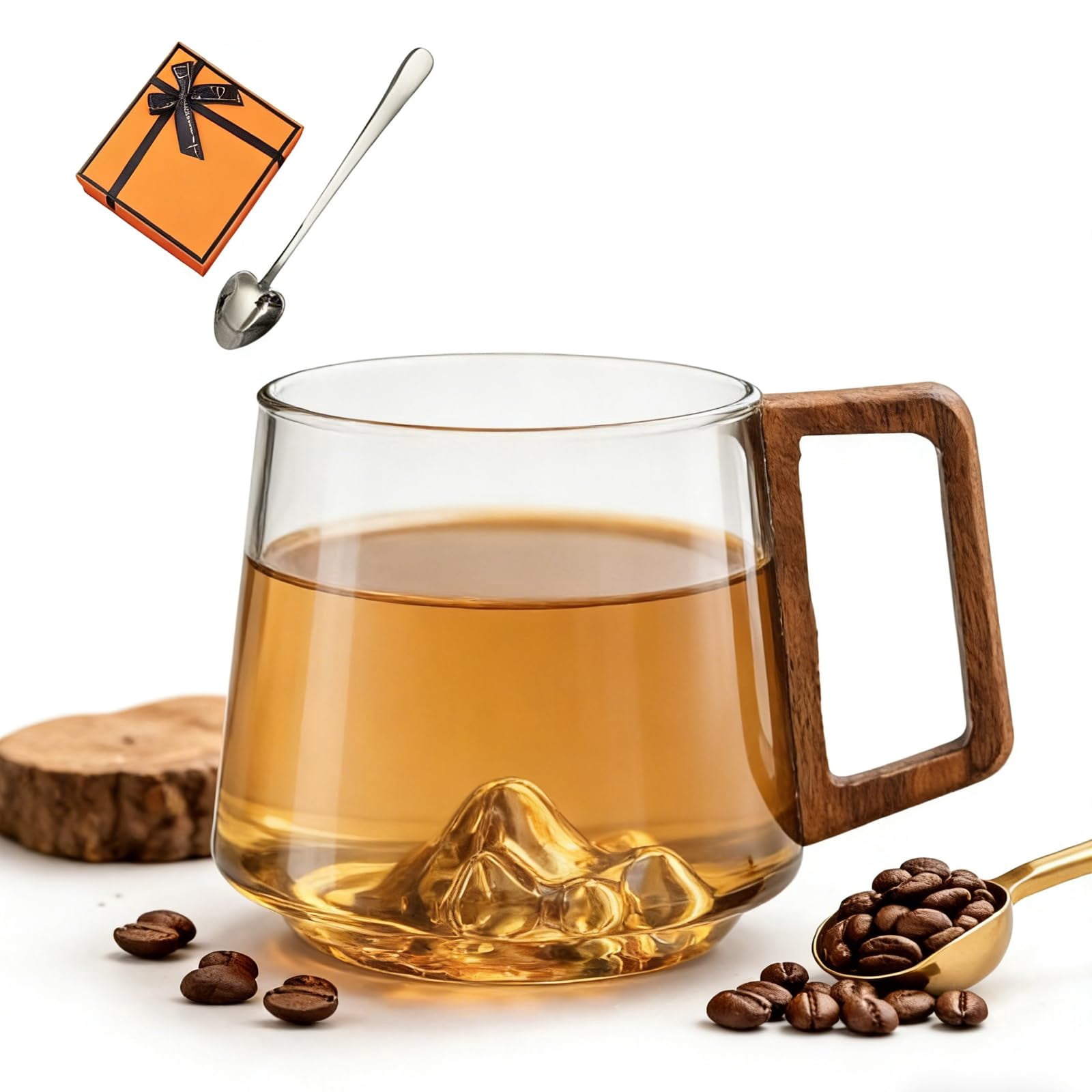 Smokey Gray Glass Slanted Coffee Cups with Wooden Handle, Mountain Base Artistic Mug, Borosilicate Heat Resistant Drinkware for Latte Espresso Tea, Elegant Conical Design (Transparent, 2)