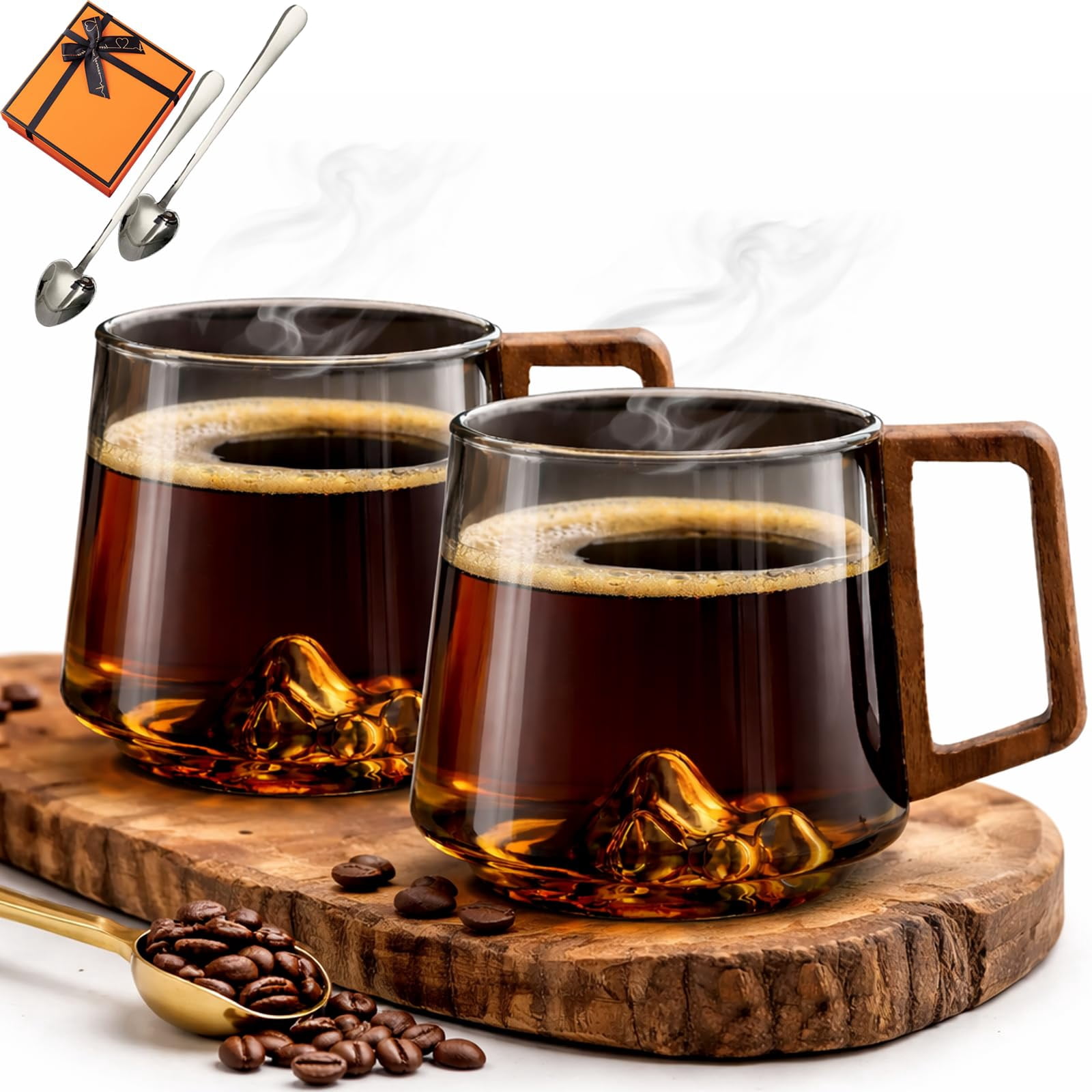 Smokey Gray Glass Slanted Coffee Cups with Wooden Handle, Mountain Base Artistic Mug, Borosilicate Heat Resistant Drinkware for Latte Espresso Tea, Elegant Conical Design (Transparent, 2)
