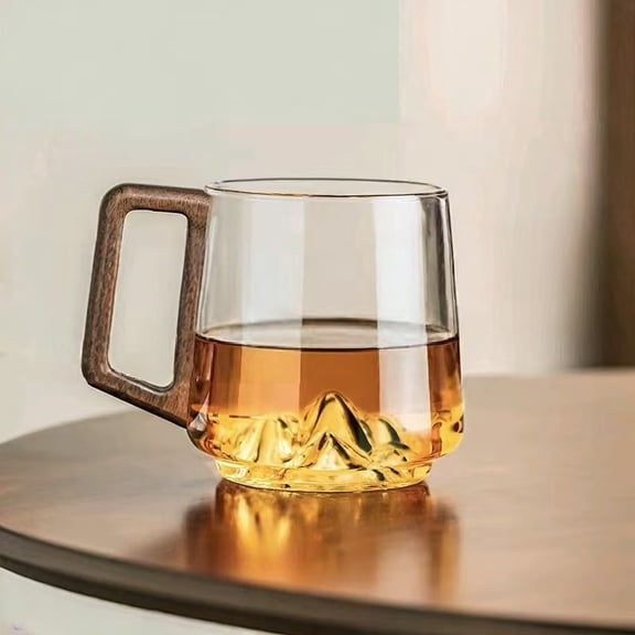 Smokey Gray Glass Slanted Coffee Cups with Wooden Handle, Creative Mountain Base Mug, Heat Resistant Glass Cup for Coffee & Tea, 15oz
