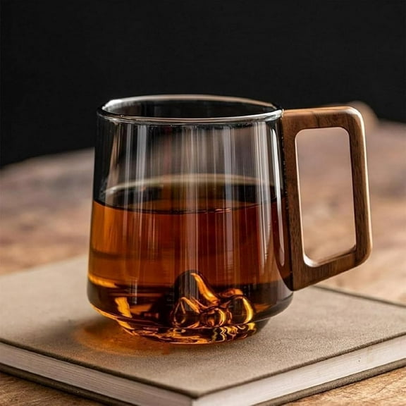Smokey Gray Glass Slanted Coffee Cups with Wooden Handle, Creative Mountain Base Mug, Heat Resistant Glass Cup for Coffee & Tea, 15oz