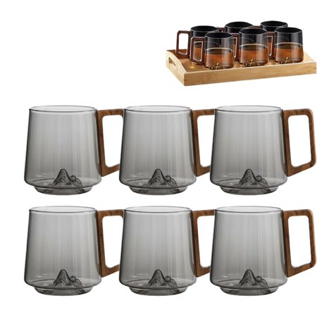 Smokey Gray Glass Slanted Coffee Cups with Wooden Handle, Creative Mountain Base Mug, Heat Resistant Glass Cup for Coffee & Tea, 15oz