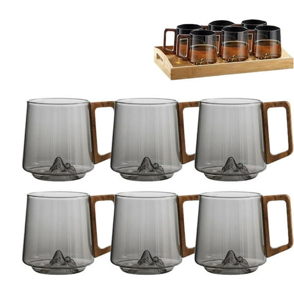 Smokey Gray Glass Slanted Coffee Cups with Wooden Handle, Creative Mountain Base Mug, Heat Resistant Glass Cup for Coffee & Tea, 15oz