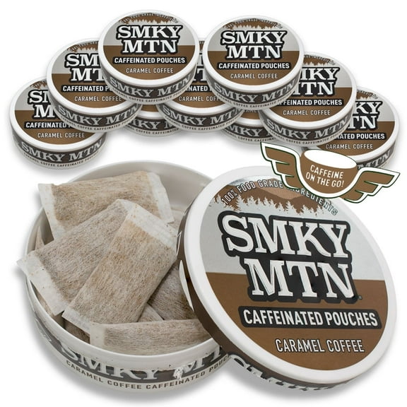Smokey Mountain Caffeinated Pouches - Caramel Coffee - Tobacco Free and Nicotine Free - 10 Cans - 15 Pouches Per Can