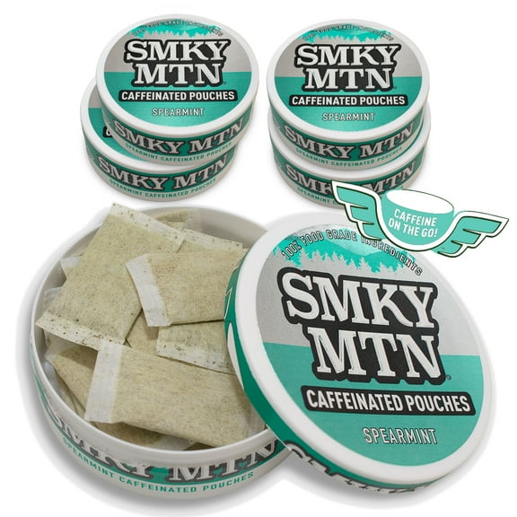 Smokey Mountain Caffeinated Pouches - Spearmint - Tobacco Free and Nicotine Free - 5 Can Box - 15 Pouches Per Can