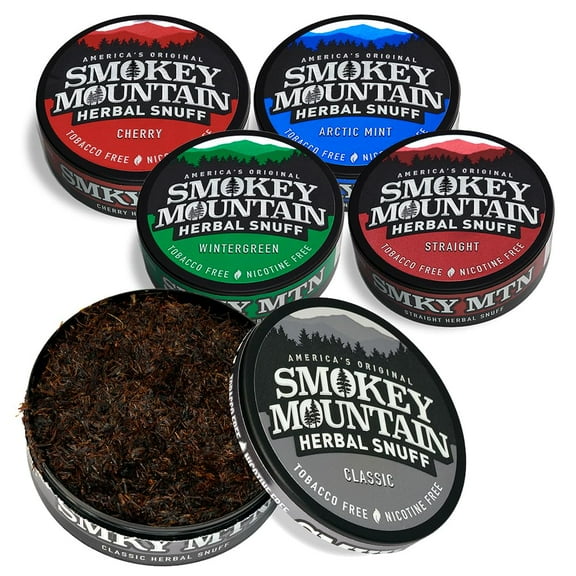 Smokey Mountain Herbal Long Cut 5 Can Sampler Box - Straight, Classic, Wintergreen, Arctic Mint & Cherry