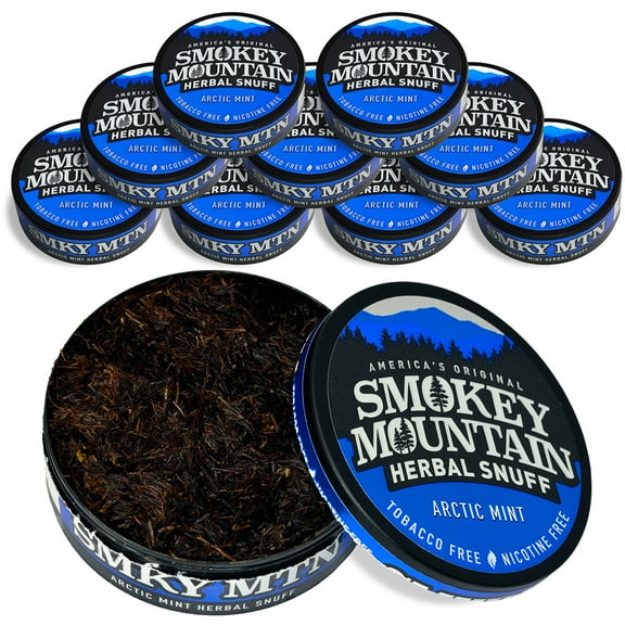 Smokey Mountain Herbal Long Cut Artic Mint 10 Can Box - Tobacco Free and Nicotine Free Snuff