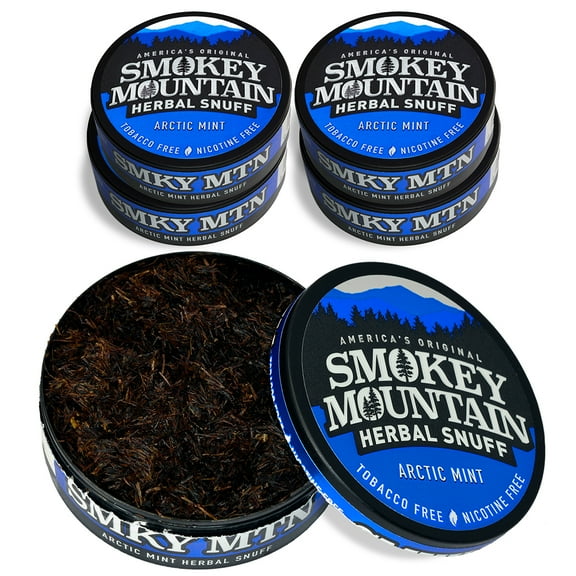 Smokey Mountain Herbal Long Cut Artic Mint 5 Can Box - Tobacco Free and Nicotine Free Snuff