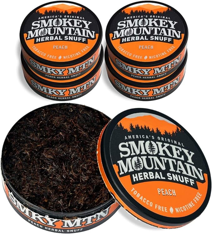 Smokey Mountain Herbal Long Cut Peach 5 Can Box - Tobacco-Free and Nicotine-Free Snuff