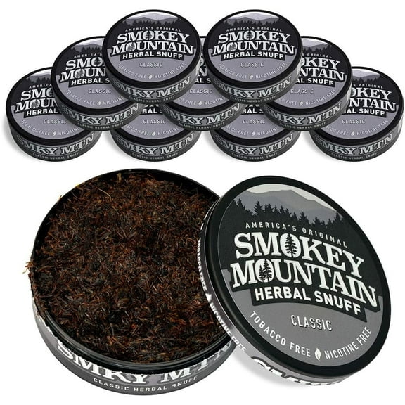 Smokey Mountain Herbal Long Cut Classic 10 Can Box - Tobacco Free and Nicotine Free Snuff