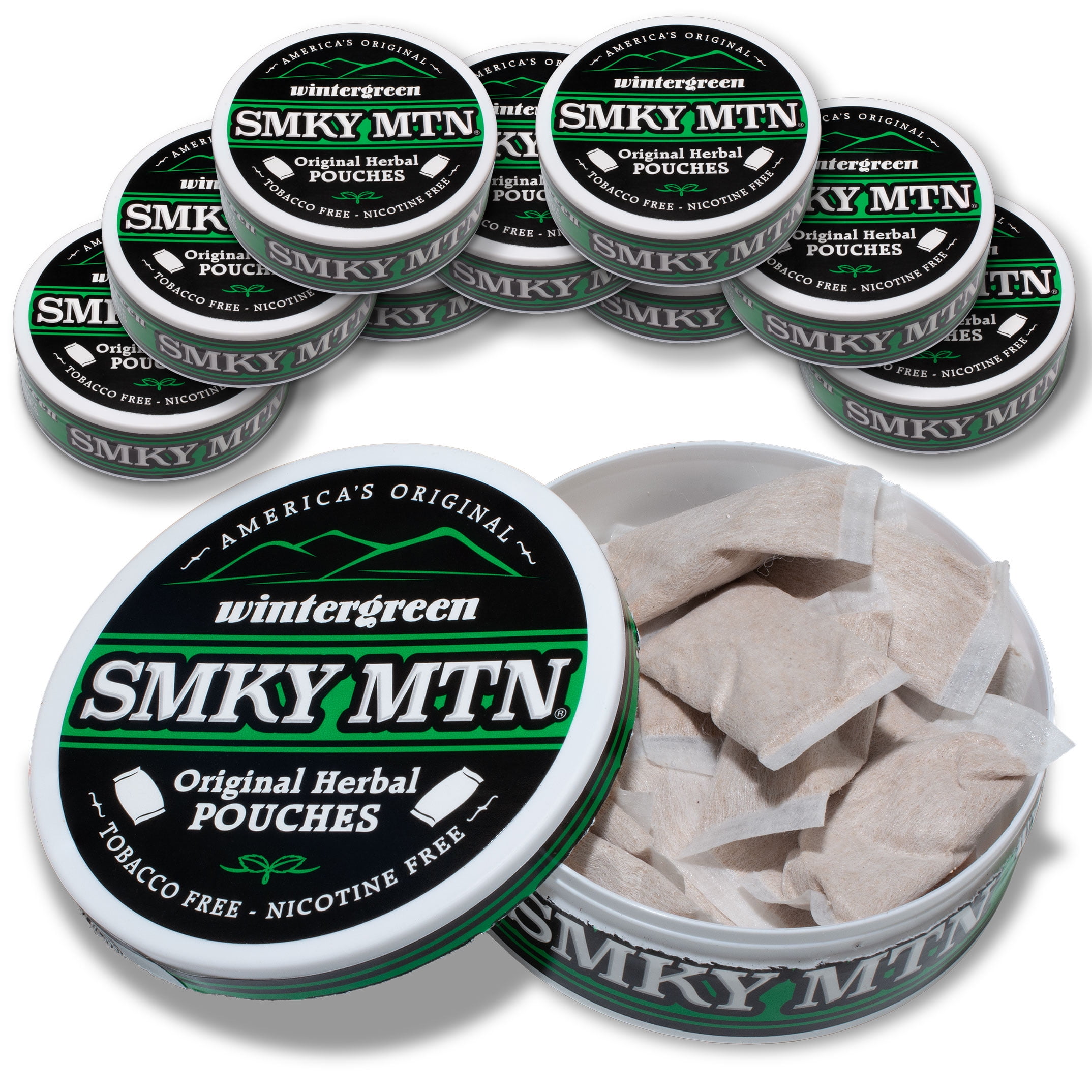 Smokey Mountain Original Herbal Pouches - Wintergreen - Tobacco Free and Nicotine Free - 10 Can Box - 15 Per Can