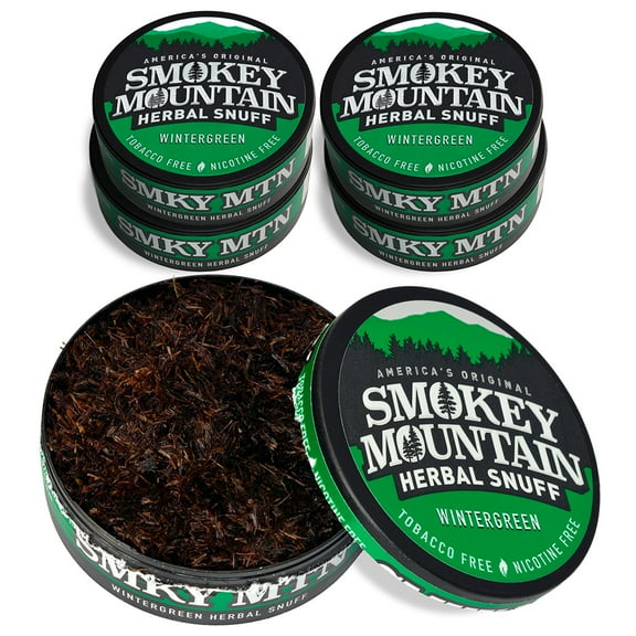 Smokey Mountain Wintergreen Snuff, 5 Cans, no Tobacco and no Nicotine, Refreshing Herbal and Smokeless Chew Alternative