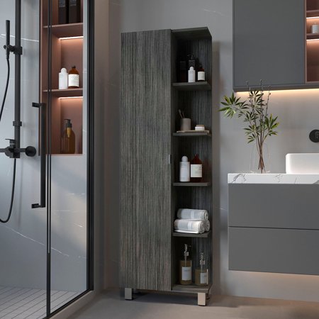 Smokey Oak Finish Linen Cabinet with 1 Door / Hideaway Storage for Privacy