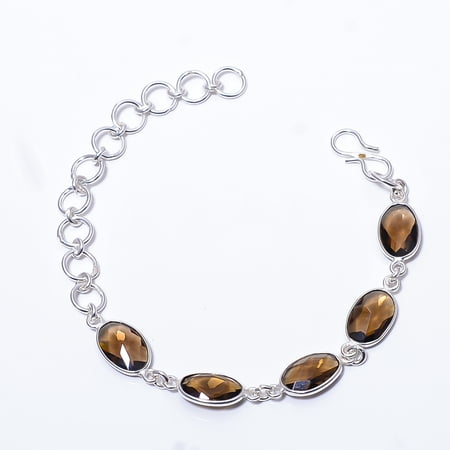 Smokey Quartz Gemstone 925 Sterling Silver Adjustable Bracelet 7.99" B40