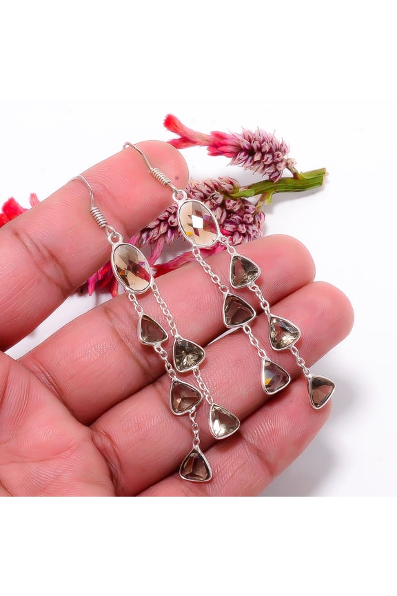Smokey Quartz Gemstone 925 Sterling Silver Handmade Earring 2.96" E8