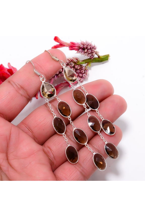Smokey Quartz Gemstone 925 Sterling Silver Handmade Earring 3.43" E7