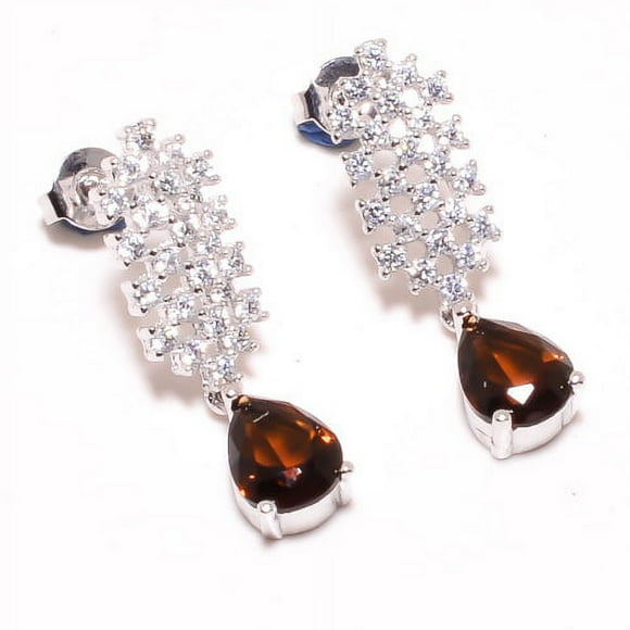 Smokey Quartz & White Topaz 925 Sterling Silver Earring 1.01" (10), Gemstone Silver Jewelry, New Year Sale, Valentin's Day Gift