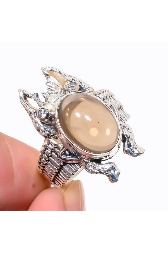 Smokey Quartz & White Topaz 925 Sterling Silver Frog Ring s.7.5 M1576, Quartz Ring, Christmas Gift, New Year Sale, Gemstone Silver Jewelry